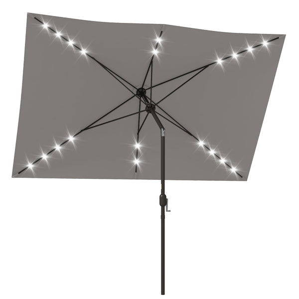 6.5x10ft Patio Umbrella Rectangle Solar Powered Tilt Aluminum Outdoor Market Parasol with LEDs Crank (Light Grey)