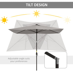 6.5x10ft Patio Umbrella Rectangle Solar Powered Tilt Aluminum Outdoor Market Parasol with LEDs Crank (Light Grey)