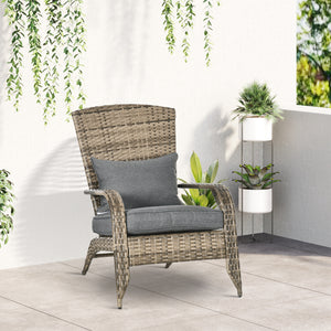 Patio Wicker Adirondack Chair, Outdoor PE Rattan Fire Pit Chair, Muskoka Chair w/ Soft Cushions, Tall Curved Backrest and Comfortable Armrests for Deck Garden, Mixed Grey