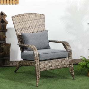 Patio Wicker Adirondack Chair, Outdoor PE Rattan Fire Pit Chair, Muskoka Chair w/ Soft Cushions, Tall Curved Backrest and Comfortable Armrests for Deck Garden, Mixed Grey