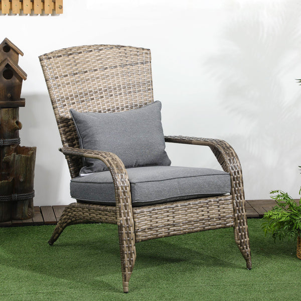 Patio Wicker Adirondack Chair, Outdoor PE Rattan Fire Pit Chair, Muskoka Chair w/ Soft Cushions, Tall Curved Backrest and Comfortable Armrests for Deck Garden, Mixed Grey
