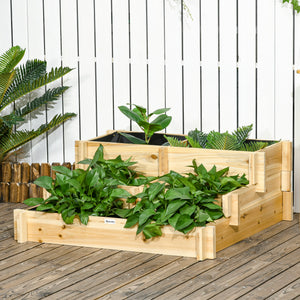 3-Tier Raised Garden Bed with 5 Compartments and Bed Liner, Fir Wood Elevated Planter Box, for Vegetables, Herbs, Outdoor Plants, 37 x 37 x 14in, Natural