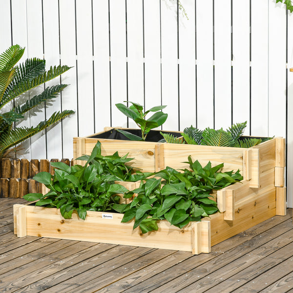 3-Tier Raised Garden Bed with 5 Compartments and Bed Liner, Fir Wood Elevated Planter Box, for Vegetables, Herbs, Outdoor Plants, 37 x 37 x 14in, Natural