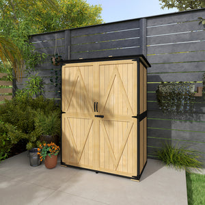 Outdoor Storage Cabinet, Wood Garden Tool Shed with Steel Frame and Asphalt Roof, Garden Storage Shed with 2 Shelves, Lockable Doors and Adjustable Feet for Patio Backyard Lawn, Natural