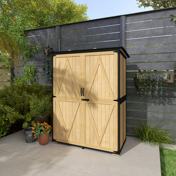 Outdoor Storage Cabinet, Wood Garden Tool Shed with Steel Frame and Asphalt Roof, Garden Storage Shed with 2 Shelves, Lockable Doors and Adjustable Feet for Patio Backyard Lawn, Natural
