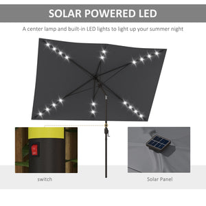 6.5x10ft Patio Umbrella Rectangle Solar Powered Tilt Aluminum Outdoor Market Parasol with LEDs Crank (Dark Grey)