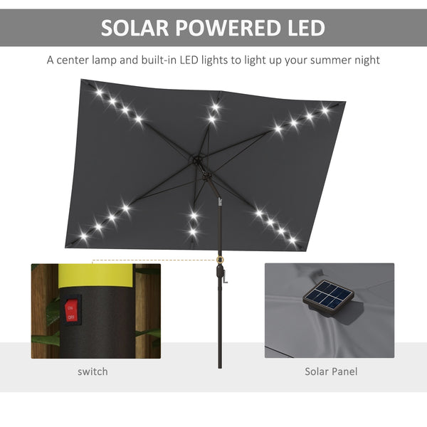 6.5x10ft Patio Umbrella Rectangle Solar Powered Tilt Aluminum Outdoor Market Parasol with LEDs Crank (Dark Grey)