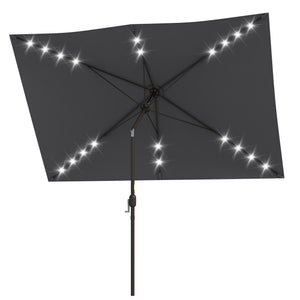 6.5x10ft Patio Umbrella Rectangle Solar Powered Tilt Aluminum Outdoor Market Parasol with LEDs Crank (Dark Grey)