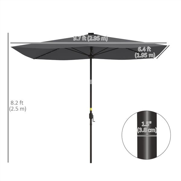 6.5x10ft Patio Umbrella Rectangle Solar Powered Tilt Aluminum Outdoor Market Parasol with LEDs Crank (Dark Grey)