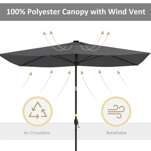 6.5x10ft Patio Umbrella Rectangle Solar Powered Tilt Aluminum Outdoor Market Parasol with LEDs Crank (Dark Grey)