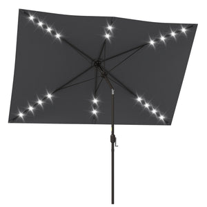 6.5x10ft Patio Umbrella Rectangle Solar Powered Tilt Aluminum Outdoor Market Parasol with LEDs Crank (Dark Grey)