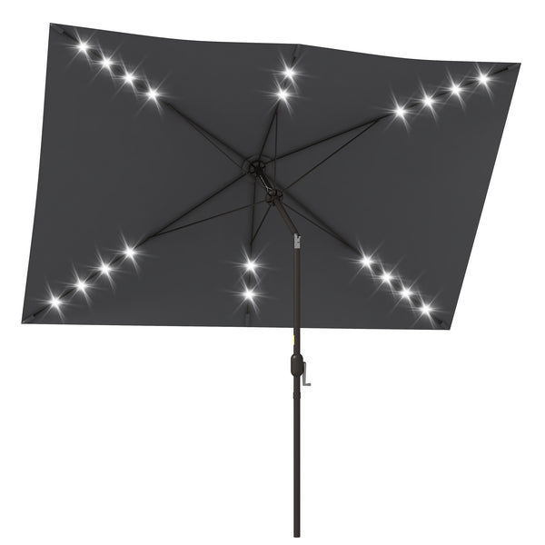 6.5x10ft Patio Umbrella Rectangle Solar Powered Tilt Aluminum Outdoor Market Parasol with LEDs Crank (Dark Grey)