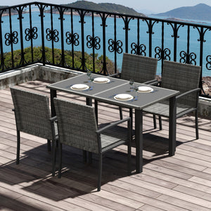 4 Seater Rattan Dining Set with Rectangular Glass Top Table and 4 Armchairs, PE Rattan Garden Furniture Set, Outdoor Dining Table and Chairs for Patio, Balcony, Lawn, Grey
