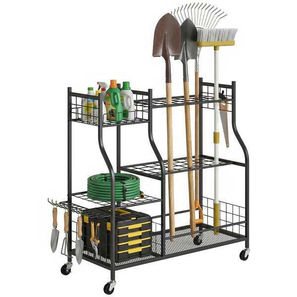 Garden Tool Organizer for Garage, 3-Tier Yard Tool Storage Rack with 74 Slots, 4 Wheels and 11 Hooks for Long-Handled Shovels and Rakes for Shed, Yard, Patio, Black