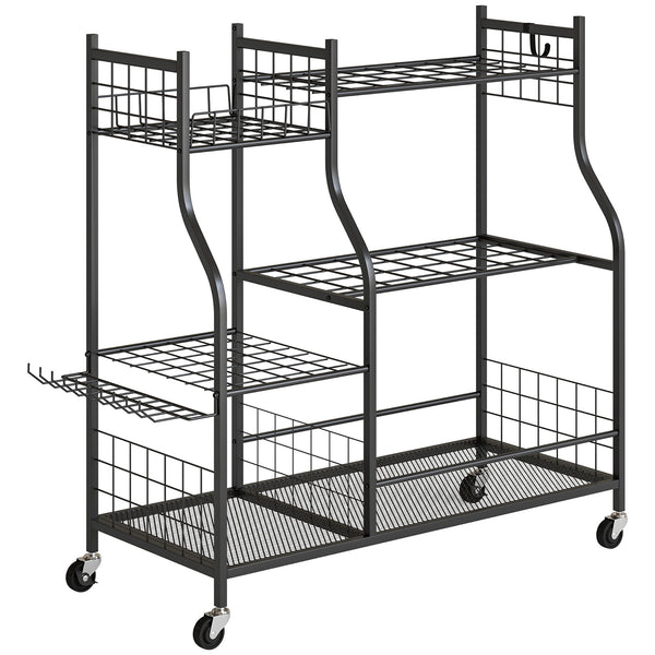 Garden Tool Organizer for Garage, 3-Tier Yard Tool Storage Rack with 74 Slots, 4 Wheels and 11 Hooks for Long-Handled Shovels and Rakes for Shed, Yard, Patio, Black
