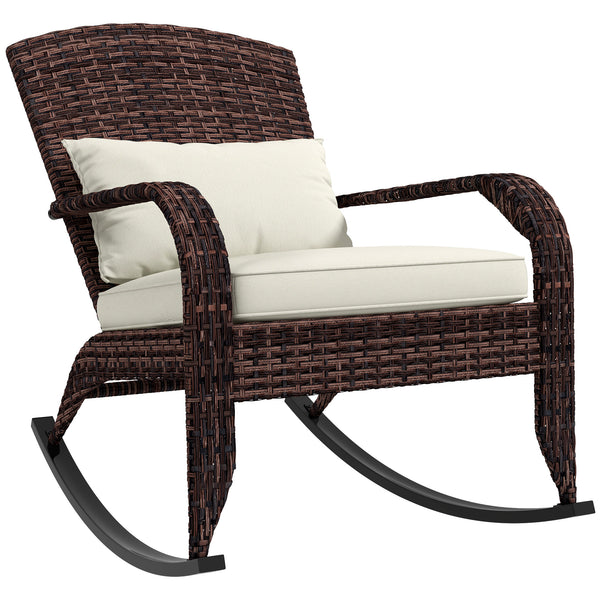 Outdoor Wicker Adirondack Rocking Chair, Patio Rattan Rocker Chair with High Back, Seat Cushion and Pillow for Garden, Porch, Balcony, Cream White/Brown