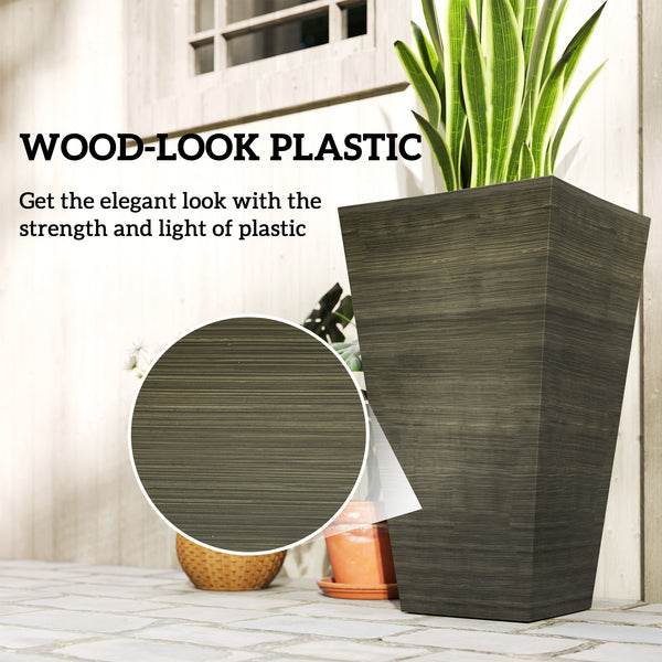 Tall Planter for Outdoor Plants Set of 3, 28 Inch Taper Planter with Drainage Holes, Wood Grain Decor Garden Pot for Indoor Outdoor Porch Patio Backyard, Dark Brown