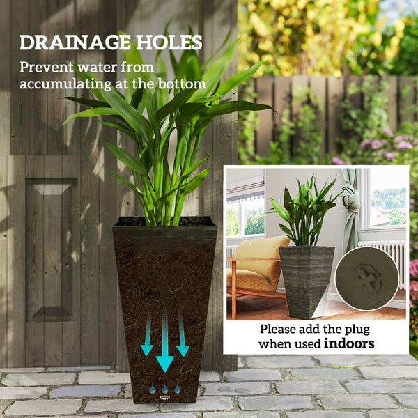 Tall Planter for Outdoor Plants Set of 3, 28 Inch Taper Planter with Drainage Holes, Wood Grain Decor Garden Pot for Indoor Outdoor Porch Patio Backyard, Dark Brown