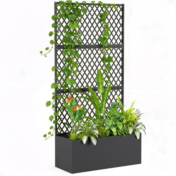Metal Planter Box with Trellis, Raised Garden Bed with Trellis Privacy Screen and Drainage Holes for Climbing Plants, Diamond Lattice Privacy Planter for Garden, Patio, Balcony