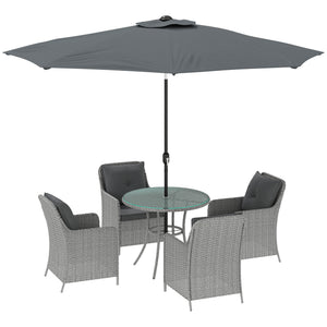 4 Seater Rattan Dining Set with Parasol, Luxury Rattan Garden Furniture Set with Seat and Back Cushions, Outdoor Table and Chairs, Round Glass Top Table, Light Grey