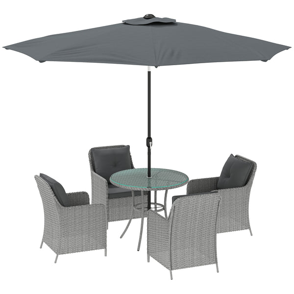 4 Seater Rattan Dining Set with Parasol, Luxury Rattan Garden Furniture Set with Seat and Back Cushions, Outdoor Table and Chairs, Round Glass Top Table, Light Grey