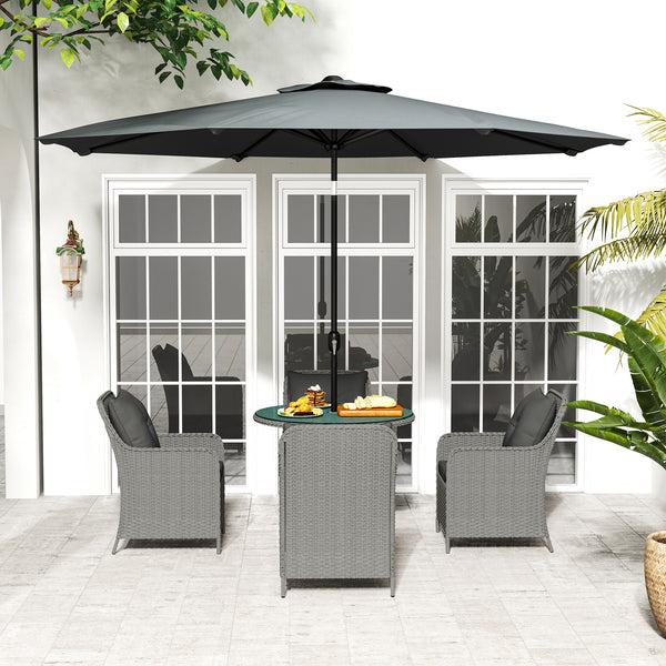 4 Seater Rattan Dining Set with Parasol, Luxury Rattan Garden Furniture Set with Seat and Back Cushions, Outdoor Table and Chairs, Round Glass Top Table, Light Grey