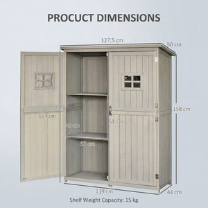 Wooden storage cabinet with dimensions labeled on a light gray background