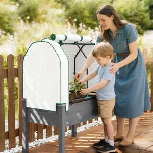 Raised Garden Bed with PE Greenhouse Cover Outdoor Elevated Wood Planter Box for Herbs and Vegetables, Use for Patio, Backyard, Balcony, 35 x 22 x 47 inch, Dark Gray