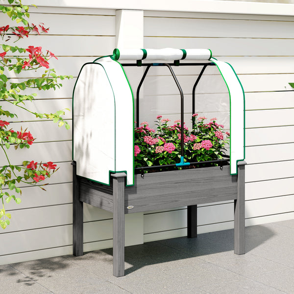 Raised Garden Bed with PE Greenhouse Cover Outdoor Elevated Wood Planter Box for Herbs and Vegetables, Use for Patio, Backyard, Balcony, 35 x 22 x 47 inch, Dark Gray
