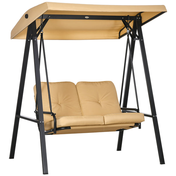 2 Seater Garden Swing Chair with Adjustable Tilting Canopy, Outdoor Hammock Bench with Steel Frame for Patio, Beige