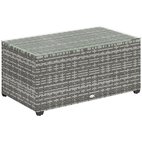 Outdoor Coffee Table, PE Rattan Side Table with Tempered Glass Top, Wicker Rectangular Garden Coffee Table End Table with Steel Frame for Patio, Balcony, 90 x 50 x 38cm, Light Grey