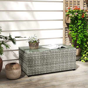 Outdoor Coffee Table, PE Rattan Side Table with Tempered Glass Top, Wicker Rectangular Garden Coffee Table End Table with Steel Frame for Patio, Balcony, 90 x 50 x 38cm, Light Grey