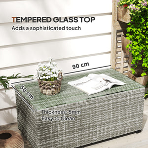 Outdoor Coffee Table, PE Rattan Side Table with Tempered Glass Top, Wicker Rectangular Garden Coffee Table End Table with Steel Frame for Patio, Balcony, 90 x 50 x 38cm, Light Grey