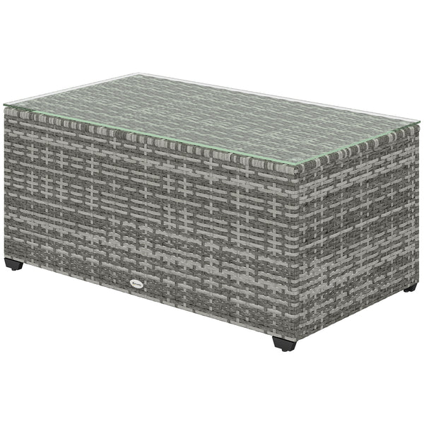 Outdoor Coffee Table, PE Rattan Side Table with Tempered Glass Top, Wicker Rectangular Garden Coffee Table End Table with Steel Frame for Patio, Balcony, 90 x 50 x 38cm, Light Grey
