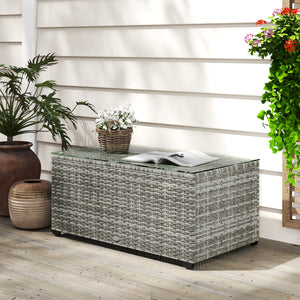 Outdoor Coffee Table, PE Rattan Side Table with Tempered Glass Top, Wicker Rectangular Garden Coffee Table End Table with Steel Frame for Patio, Balcony, 90 x 50 x 38cm, Light Grey