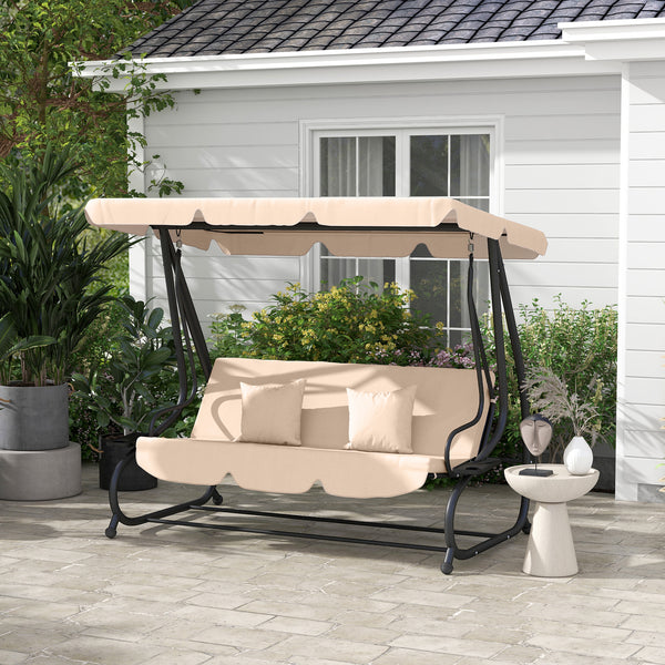 2-in-1 Garden Swing Seat Bed, 3 Seater Convertible Swing Chair Bench with Tilting Canopy, Cushioned Seat and 2 Pillows for Patio, Garden, Light Brown