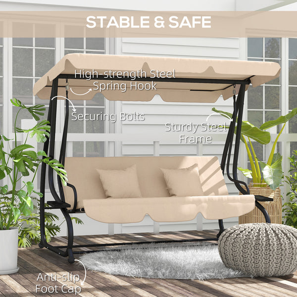 2-in-1 Garden Swing Seat Bed, 3 Seater Convertible Swing Chair Bench with Tilting Canopy, Cushioned Seat and 2 Pillows for Patio, Garden, Light Brown