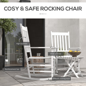 3 Pieces Outdoor Rocking Chair Set, Wooden Patio Rocking Chair Set with Folding Side Table, High Back and Armrests for Garden, Porch, Supports Up to 353 lbs, White