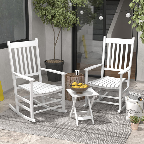 3 Pieces Outdoor Rocking Chair Set, Wooden Patio Rocking Chair Set with Folding Side Table, High Back and Armrests for Garden, Porch, Supports Up to 353 lbs, White