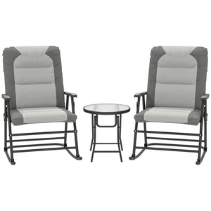 3pc Patio Foldable Rocking Chair Set, Outdoor Rocking Chairs and Table Bistro Set w/ Padded Seat, Headrest, Backrest for Park, Backyard, Garden, Light Grey