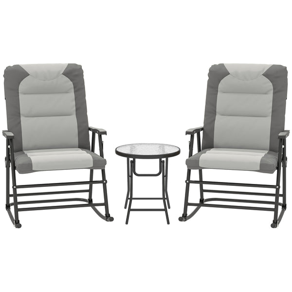 3pc Patio Foldable Rocking Chair Set, Outdoor Rocking Chairs and Table Bistro Set w/ Padded Seat, Headrest, Backrest for Park, Backyard, Garden, Light Grey