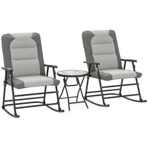 3pc Patio Foldable Rocking Chair Set, Outdoor Rocking Chairs and Table Bistro Set w/ Padded Seat, Headrest, Backrest for Park, Backyard, Garden, Light Grey