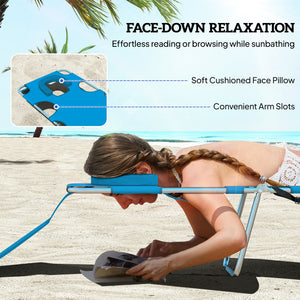 Folding Lounge Chair Outdoor Tanning Chair with Face Hole, 5-Position Reclining Sun Lounger Chaise Lounge Cot with Side Pocket, Carry Strap for Beach Pool, Yard, Blue