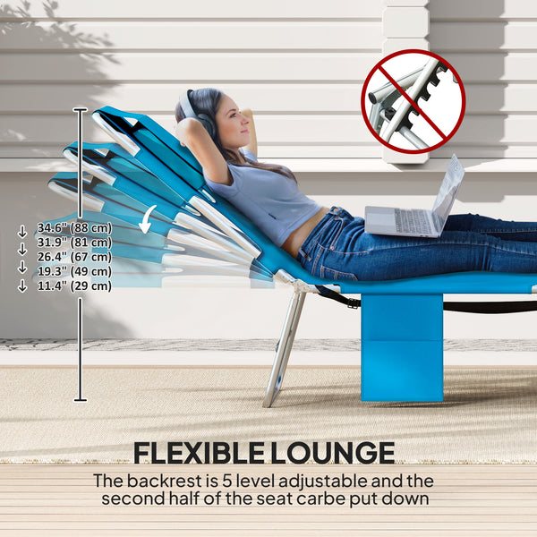 Folding Lounge Chair Outdoor Tanning Chair with Face Hole, 5-Position Reclining Sun Lounger Chaise Lounge Cot with Side Pocket, Carry Strap for Beach Pool, Yard, Blue