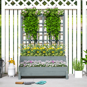 2-Tier Raised Garden Bed with Trellis, Wooden Elevated Planter Box with Drainage Holes, Outdoor Raised Planter for Climbing Plants, Fruits, Vegetables, Flowers, Grey