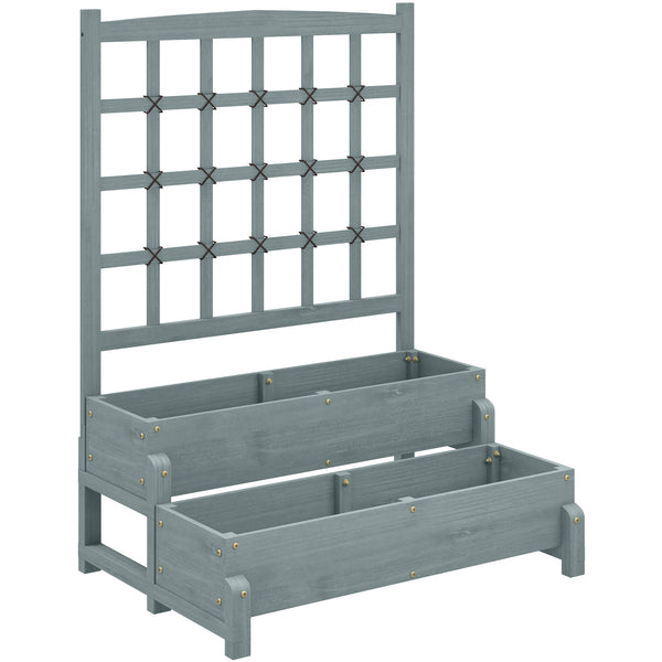 2-Tier Raised Garden Bed with Trellis, Wooden Elevated Planter Box with Drainage Holes, Outdoor Raised Planter for Climbing Plants, Fruits, Vegetables, Flowers, Grey