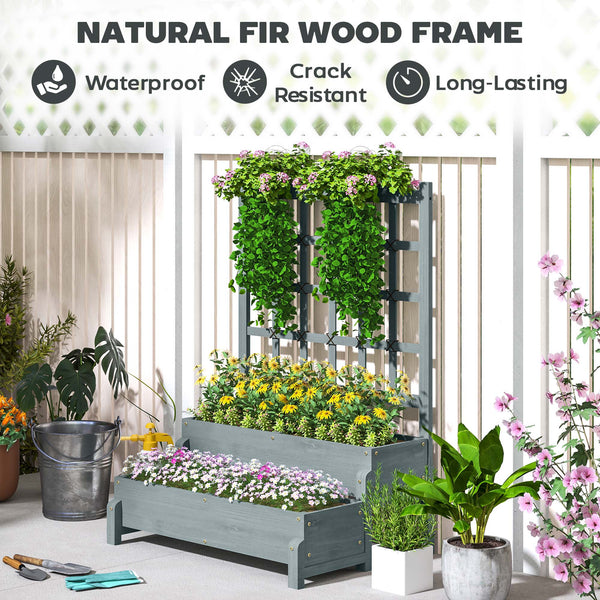 2-Tier Raised Garden Bed with Trellis, Wooden Elevated Planter Box with Drainage Holes, Outdoor Raised Planter for Climbing Plants, Fruits, Vegetables, Flowers, Grey