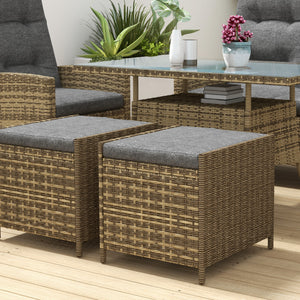 6 Seater Rattan Dining Set with 2 Reclining Chairs, Loveseat, 2 Stools, Rattan Garden Furniture Set with Cushions, Rectangular Glass Top Table, Aluminium Frame, Mixed Grey