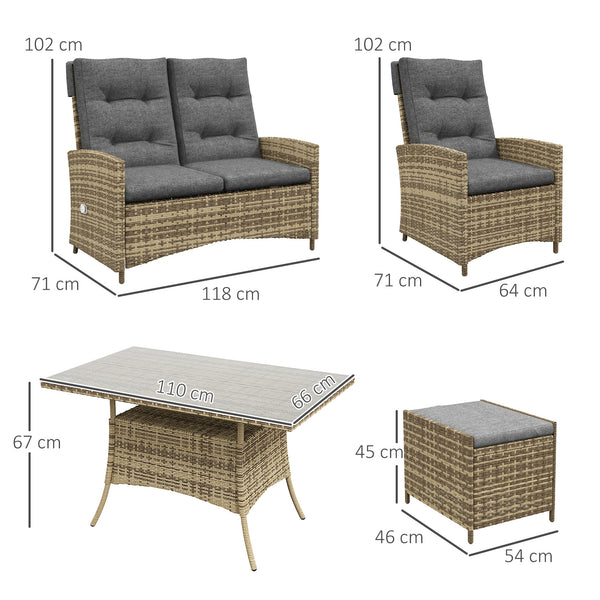6 Seater Rattan Dining Set with 2 Reclining Chairs, Loveseat, 2 Stools, Rattan Garden Furniture Set with Cushions, Rectangular Glass Top Table, Aluminium Frame, Mixed Grey