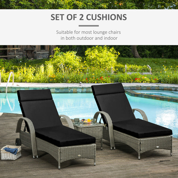 Set of 2 Sun Lounger Cushions, Replacement Cushions for Rattan Furniture with Ties, 196 x 55 cm, Black